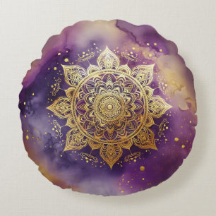 Cojín Redondo Mandala dorada sobre color morado