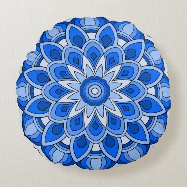 Cojín Redondo Mandala en azul (Anverso)