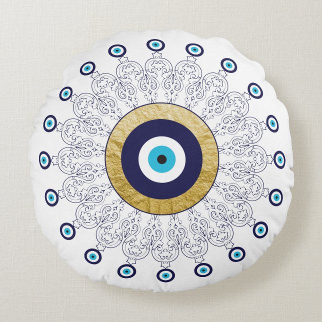 Cojín Redondo Mandala en oro blanco y azul (Anverso)