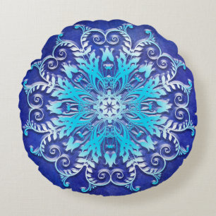 Cojín Redondo Mandala floral azul en fondo del grunge