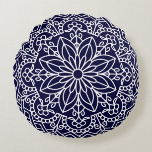 Cojín Redondo Mandala floral azul y blanca de medianoche