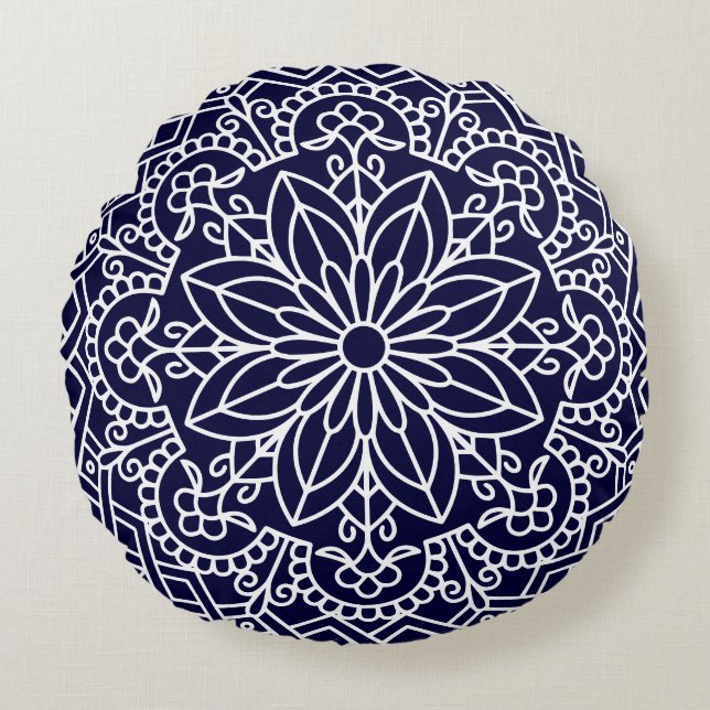 Cojín Redondo Mandala floral azul y blanca de medianoche (Anverso)