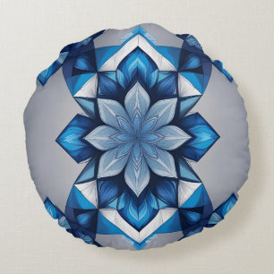 Cojín Redondo Mandalá floral geométrico azul: arte moderno con I