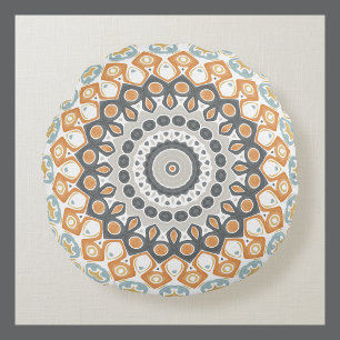 Cojín Redondo Mandala geométrica en Naranja, gris y azul