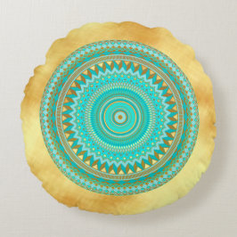 Cojín Redondo Mandala Iris Azul Marrón Dorado sobre Fondo Dorado