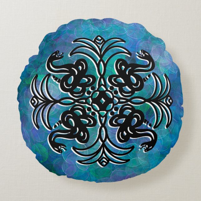 Cojín Redondo Mandala, la serpiente tribal negra y azul (Anverso)