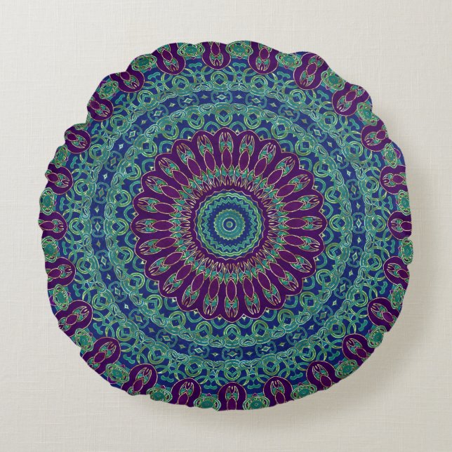Cojín Redondo Mandala morada, azul y verde (Anverso)