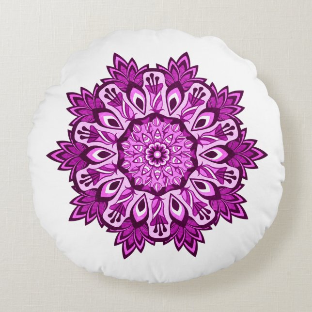 Cojín Redondo Mandala morada reversible Boho (Anverso)