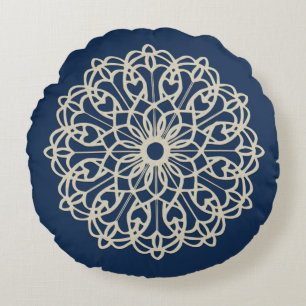Cojín Redondo Mandalá Ornamentado Azul Oscuro