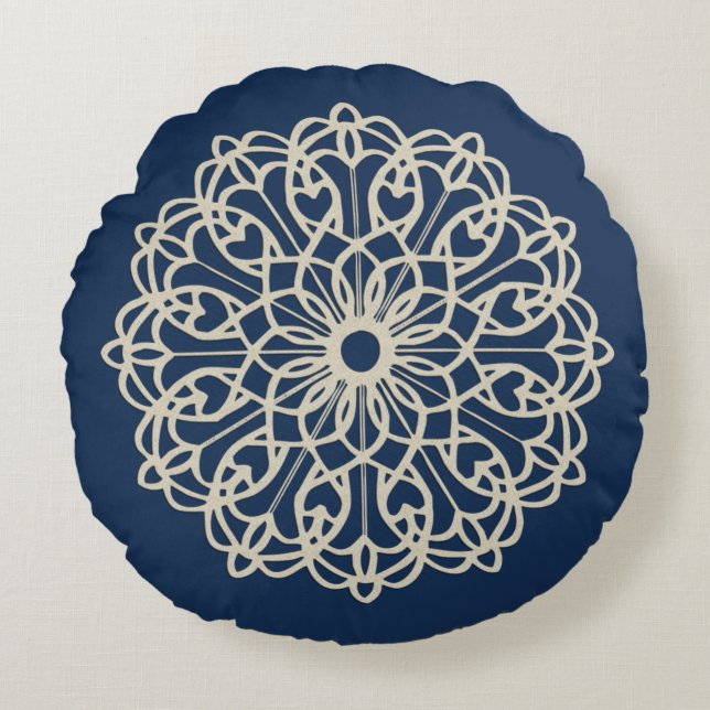 Cojín Redondo Mandalá Ornamentado Azul Oscuro (Anverso)