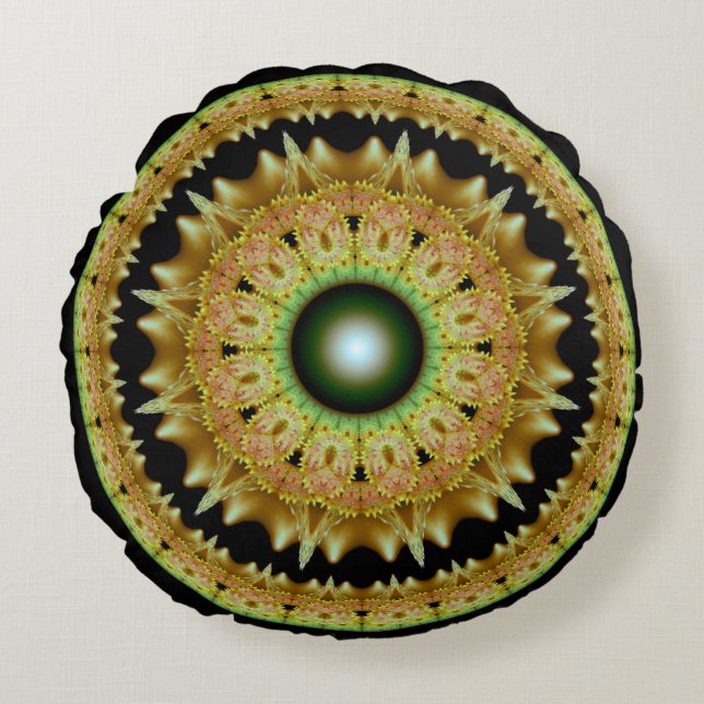Cojín Redondo Mándala redonda fractal dorada (Anverso)