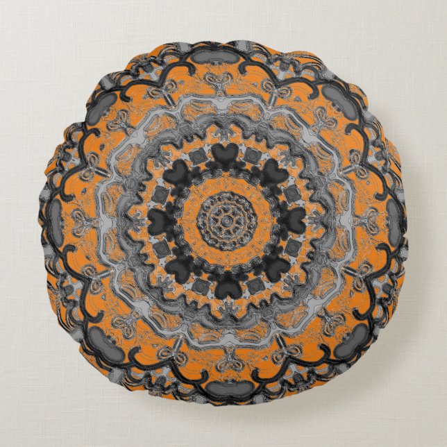 Cojín Redondo Mandala redonda negra y Naranja (Anverso)