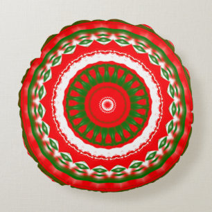Cojín Redondo Mandala roja, blanca y verde