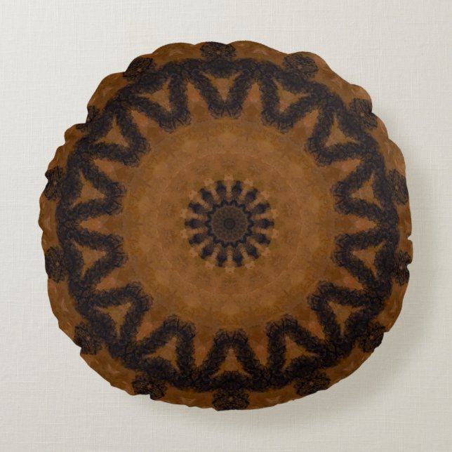 Cojín Redondo Mandala Rustic Brown y Black Wood (Anverso)