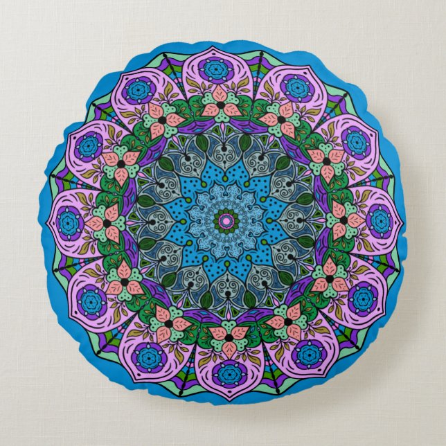 Cojín Redondo Mandala TealRose 12 Petals Naranja rosado Verde az (Anverso)