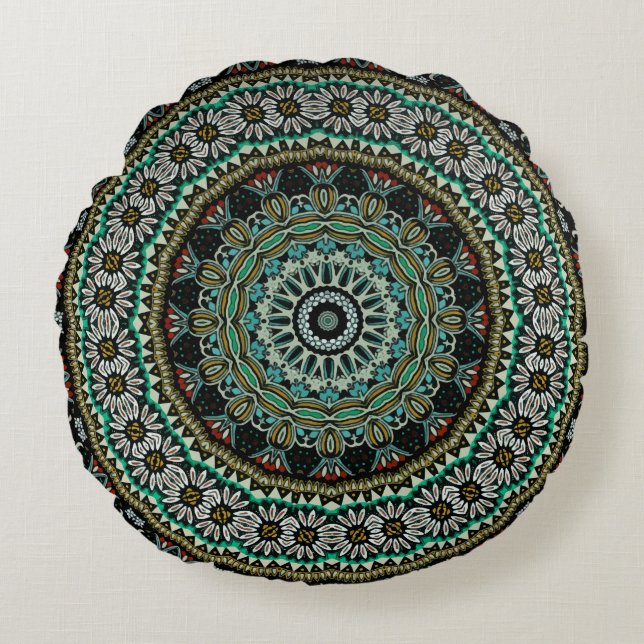Cojín Redondo Mandala tribal de Boho floral geométrico verde (Anverso)