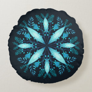 Cojín Redondo Mandala turquesa - Flor de copo de nieve azul en i