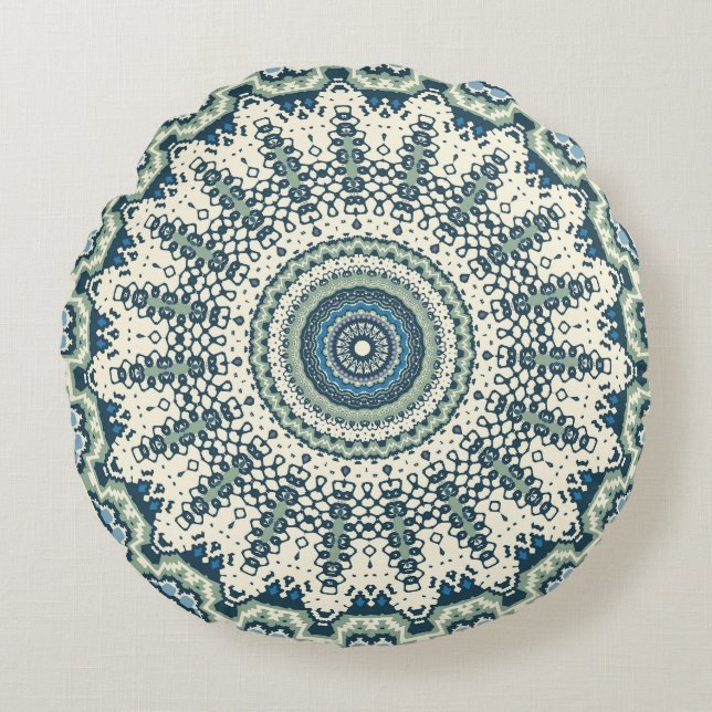 Cojín Redondo Mandala verde azul tribal (Anverso)