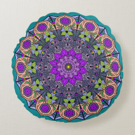 Cojín Redondo Mandala Violet Peach Salmon Pink Green