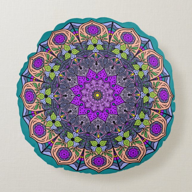 Cojín Redondo Mándala Violeta Melocotón Salmón Rosa Verde (Anverso)