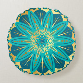 Cojín Redondo Mandalas de Flor de Oro Azul