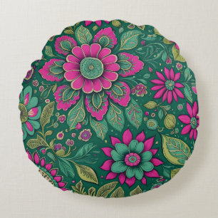 Cojín Redondo Mandalas de flores hermosas capullos rosa verde