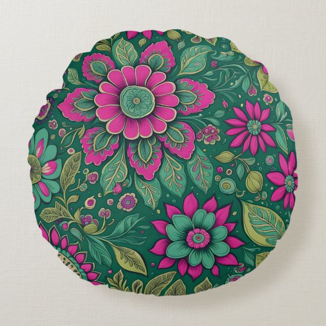 Cojín Redondo Mandalas de flores hermosas capullos rosa verde (Anverso)