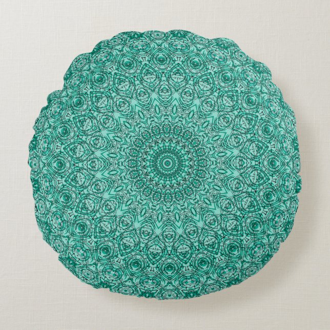 Cojín Redondo Mandalas Turquesas con Intrincada Simetría (Anverso)