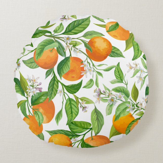 Cojín Redondo Mandarín: Patrón tropical colorido (Anverso)