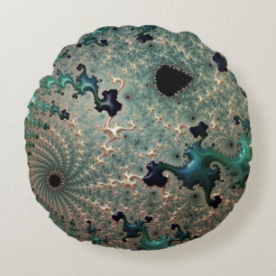 Cojín Redondo Mandelbrot de Esmeralda y Oro