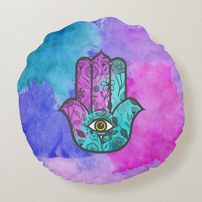 Cojín Redondo Mano femenina de Hamsa de la impresión floral de (Reverso)
