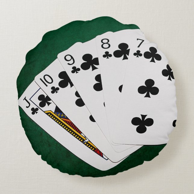 Cojín Redondo Manos de póquer - Flush recto - Juego de Clubs (Reverso)