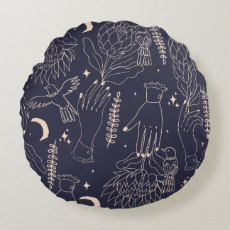 Cojín Redondo Manos y pájaros vintage: Patrón artístico