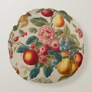 Cojín Redondo Manzanas, Peras, Uvas, Flor Rosa. Francés pintado