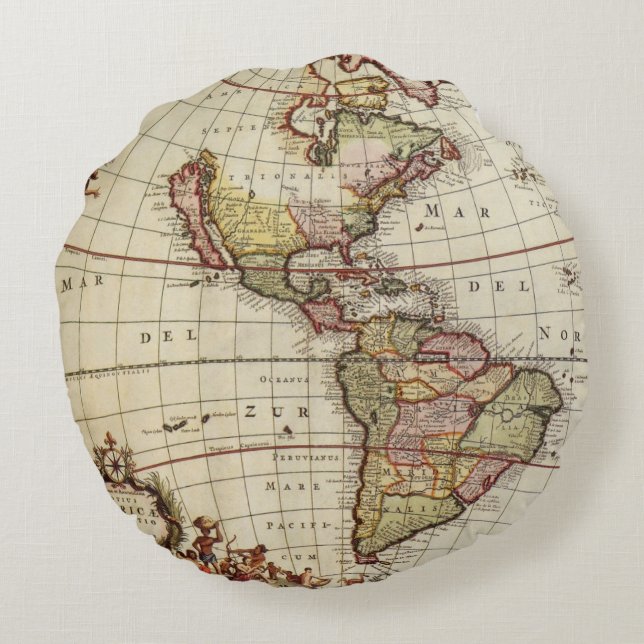 Cojín Redondo Mapa antiguo de las Américas de Johannes De Ram (Reverso)