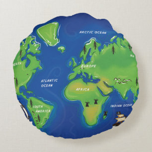 Cojín Redondo Mapa Antiguo del Mundo.