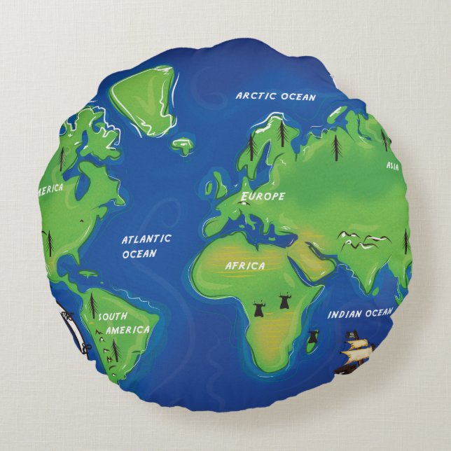Cojín Redondo Mapa Antiguo del Mundo. (Reverso)