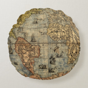Cojín Redondo Mapa Antiguo del Mundo de Forlani de 1565 Cartogra