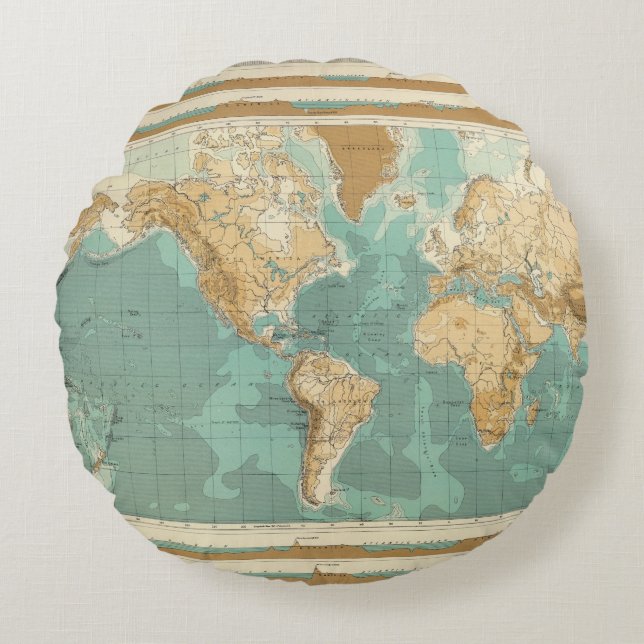 Cojín Redondo Mapa bathyorographical del mundo (Anverso)