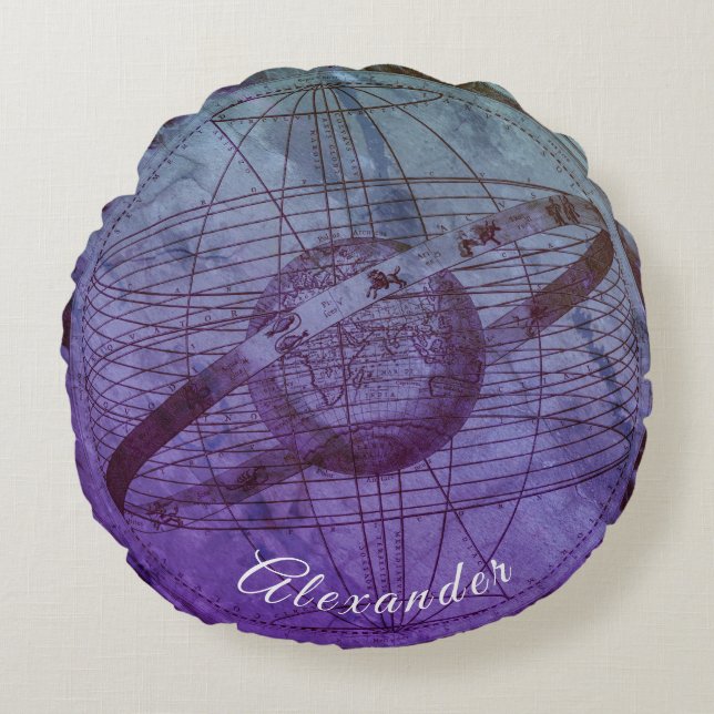 Cojín Redondo Mapa Celestial Azul Océano Morado Personalizado (Anverso)