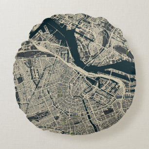 Cojín Redondo Mapa de Amsterdam de época: Retro Minimalista