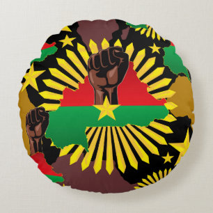Cojín Redondo Mapa de Burkina, bandera y puño de la revolución