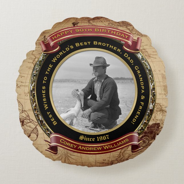 Cojín Redondo Mapa de cosechas de oro de cumpleaños 90 (Anverso)