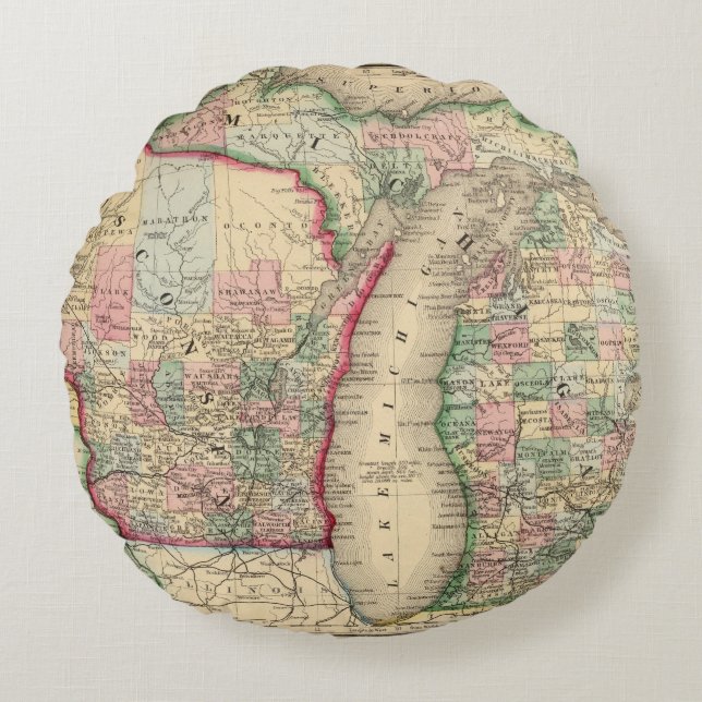 Cojín Redondo Mapa de Michigan, Wisconsin de Mitchell (Anverso)
