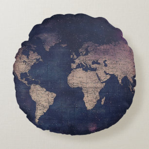 Cojín Redondo Mapa del mundo de la púrpura vintage celestial (5)