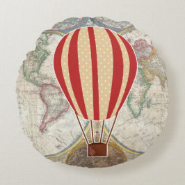 Cojín Redondo Mapa mundial de globos aerostáticos de Vintage Adv