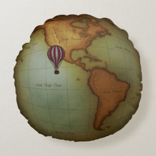 Cojín Redondo Mapa mundial de Steampunk con globo aerostático
