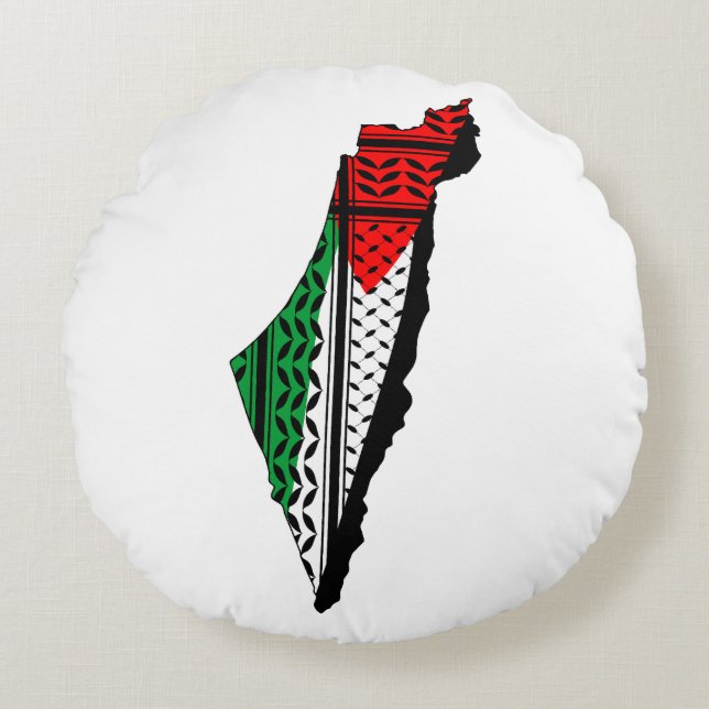 Cojín Redondo Mapa palestino con bandera y patrón de Keffiyeg (Anverso)
