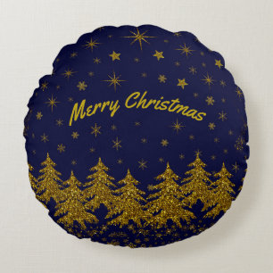 Cojín Redondo Maravilloso árbol de Navidad de oro, estrellas, ni