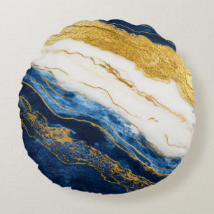 Cojín Redondo Marble de hojas de oro y azul de la marina de lujo